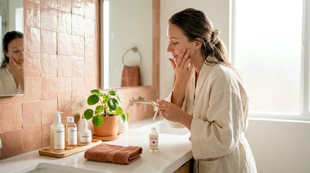 Woman applying serum in bright bathroom