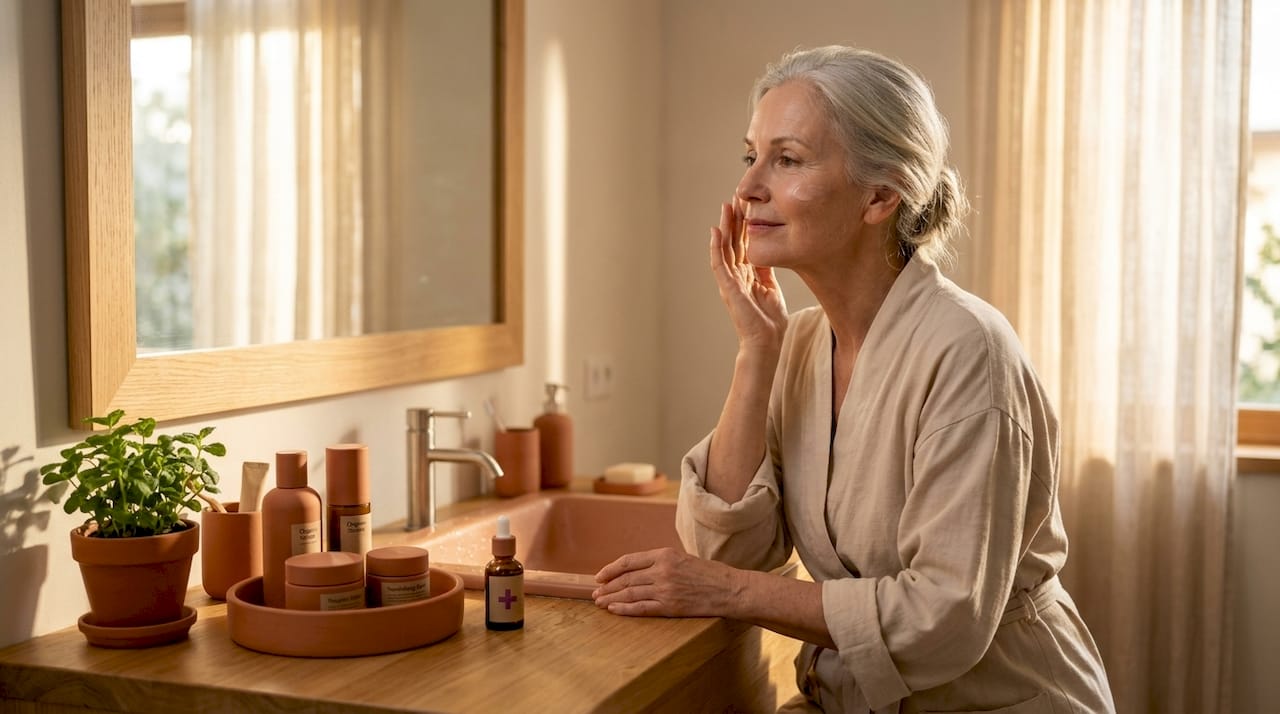 Mature woman applying moisturizer in bathroom