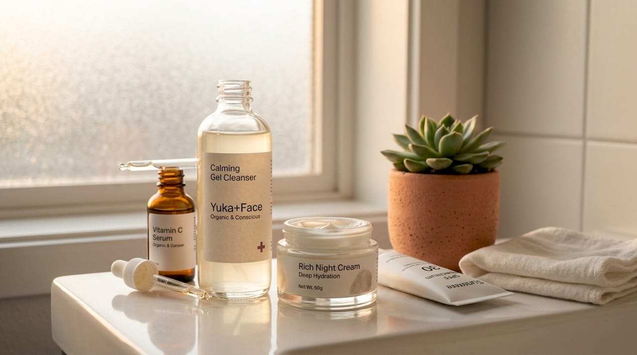 Close-up of morning skincare product arrangement
