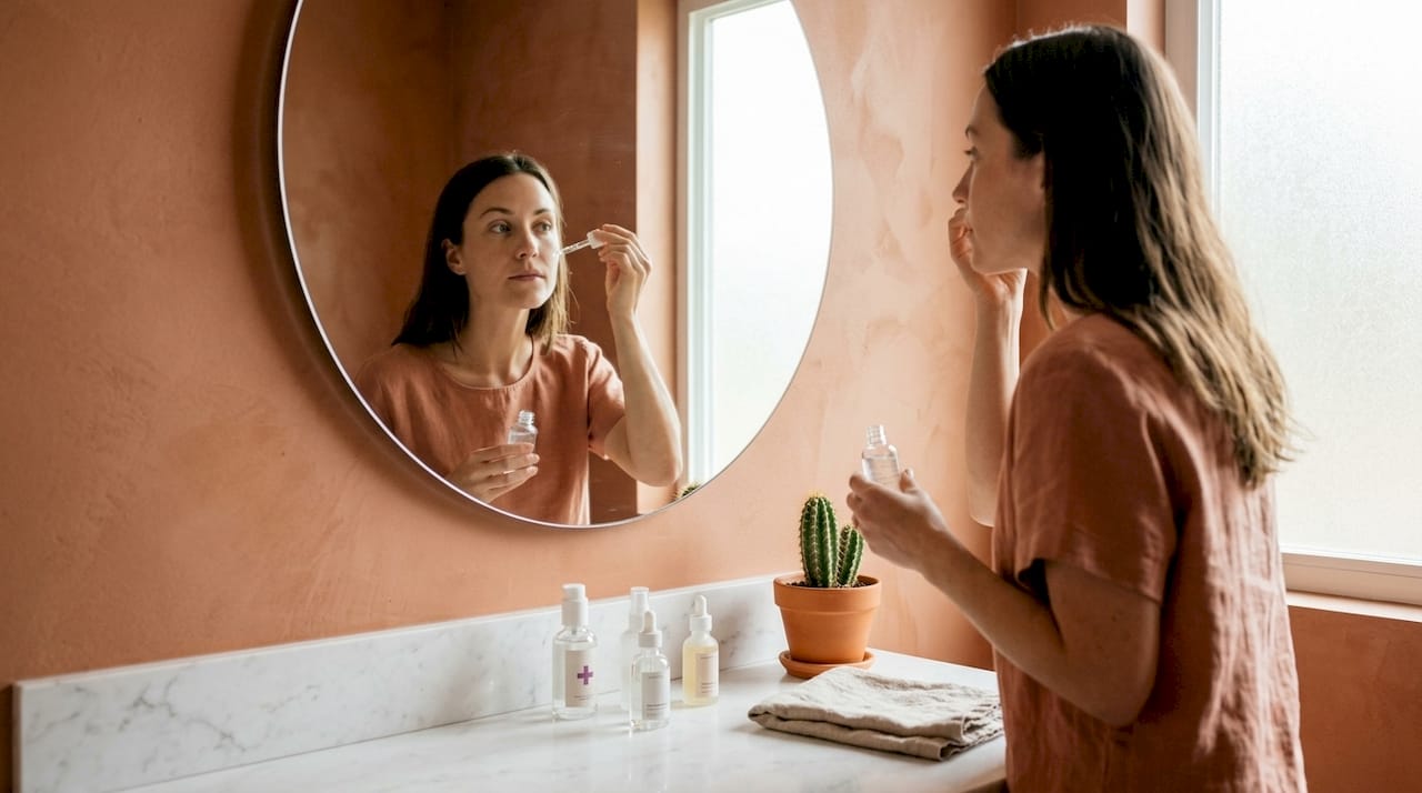 Woman applying serum in bathroom mirror