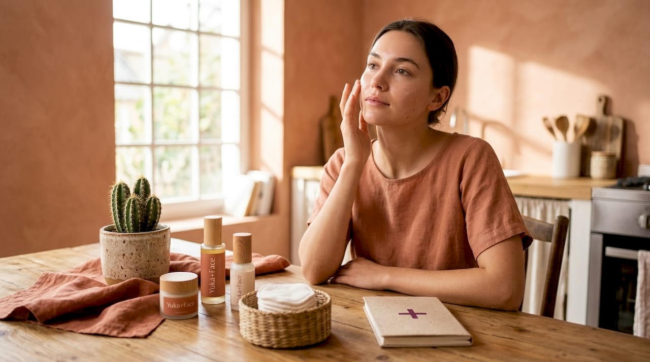 Woman applying clean beauty moisturizer at kitchen table