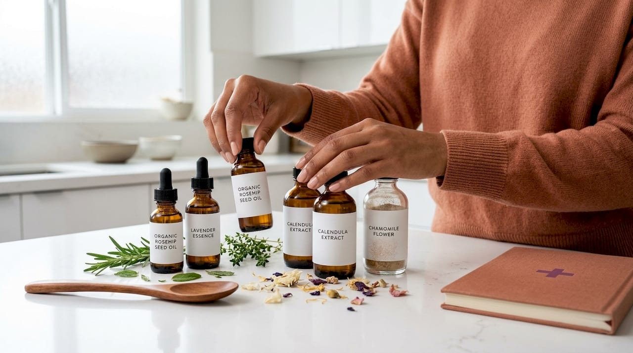 Hands selecting natural skincare ingredients on wooden table
