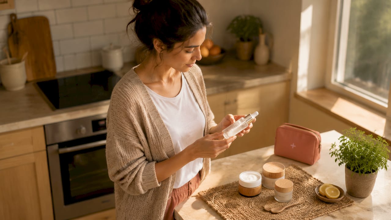 Woman holding eco-friendly skincare bottle at home bathroom