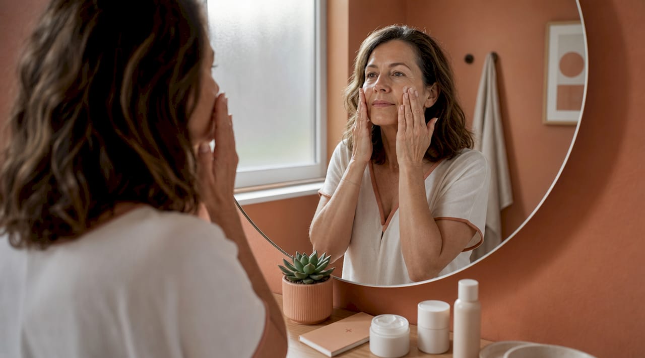 Woman applying moisturizer in bathroom