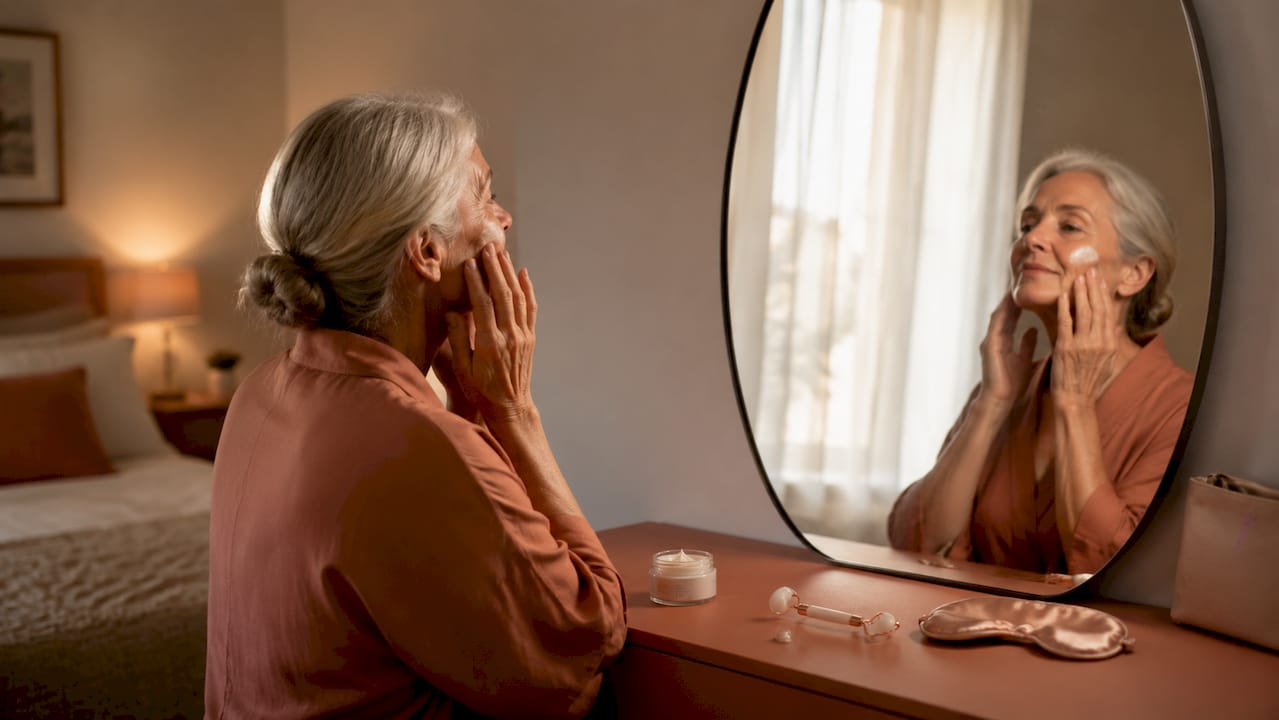 Hands applying night cream to mature skin