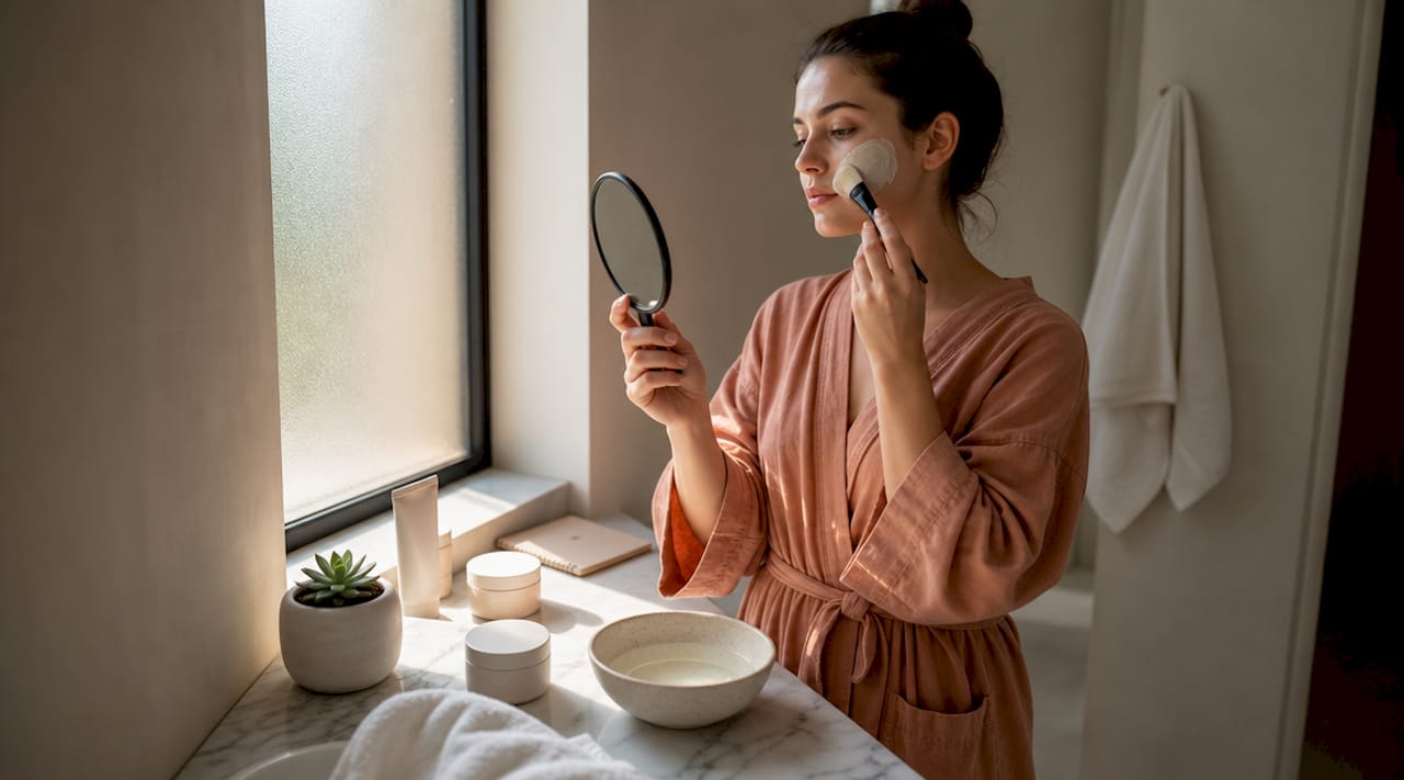 Young woman applying facial mask at bathroom vanity
