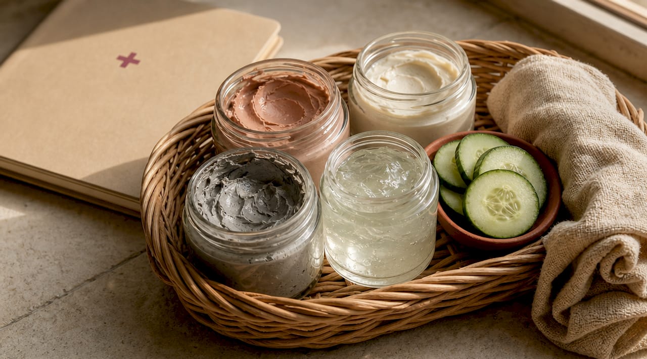 Close-up assortment of various facial mask types on tray