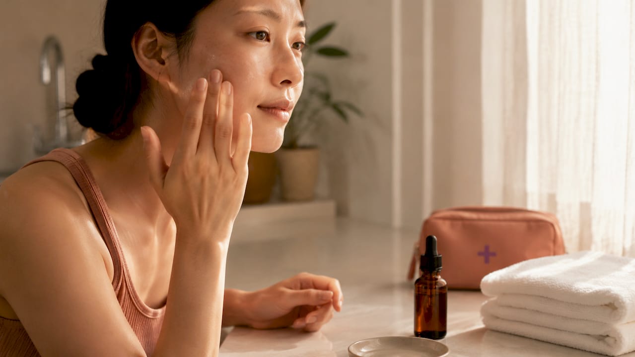 Hands applying retinol serum for skin care