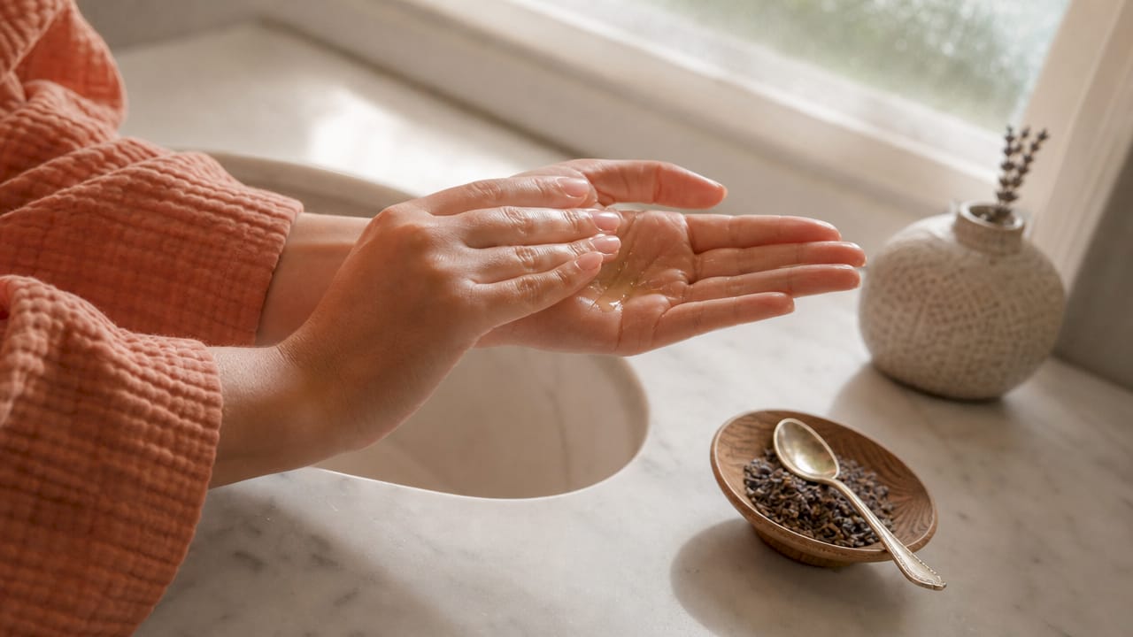 Close-up of hands warming facial oil in palms