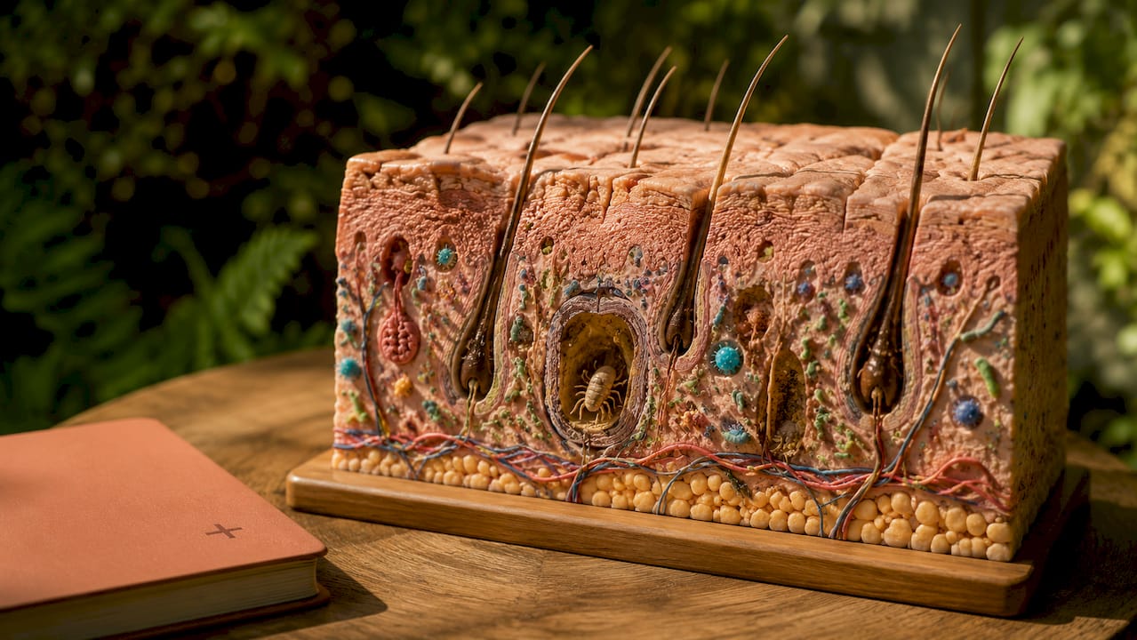 3D skin cross-section showing microbial residents