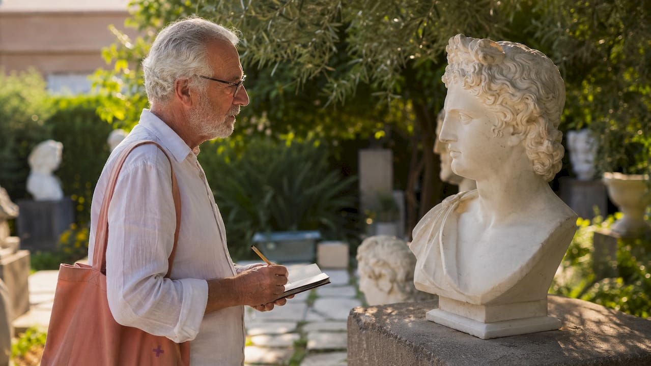 Elderly man studying Greek sculpture in gallery