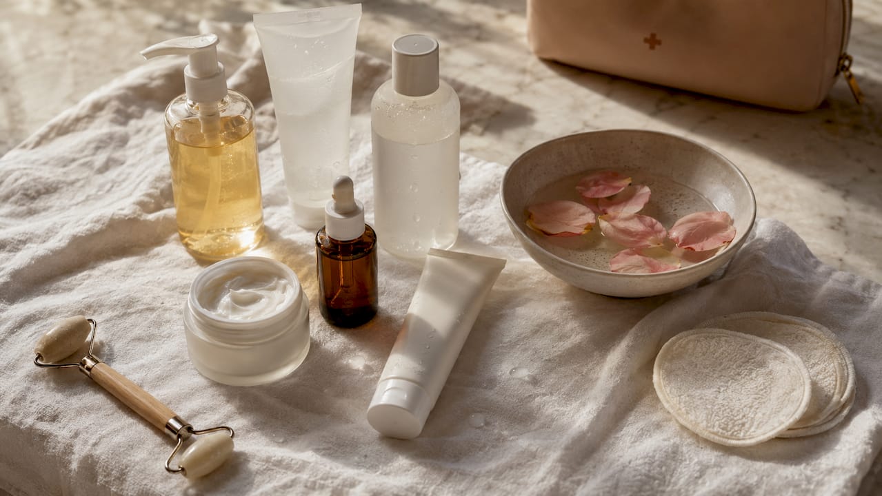 Essential glass skin skincare products flat lay