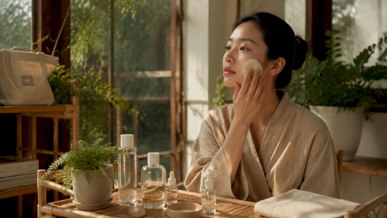 Woman applying toner for glowing glass skin
