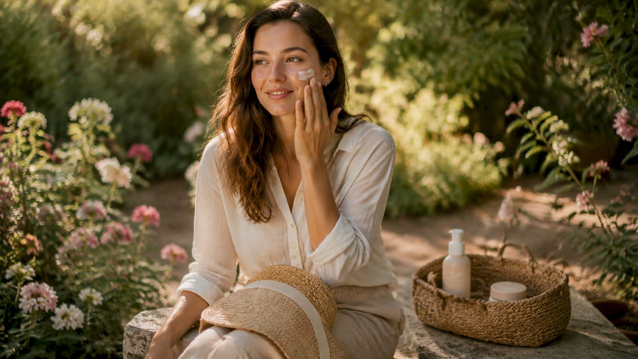 Woman applying natural sunscreen outdoors
