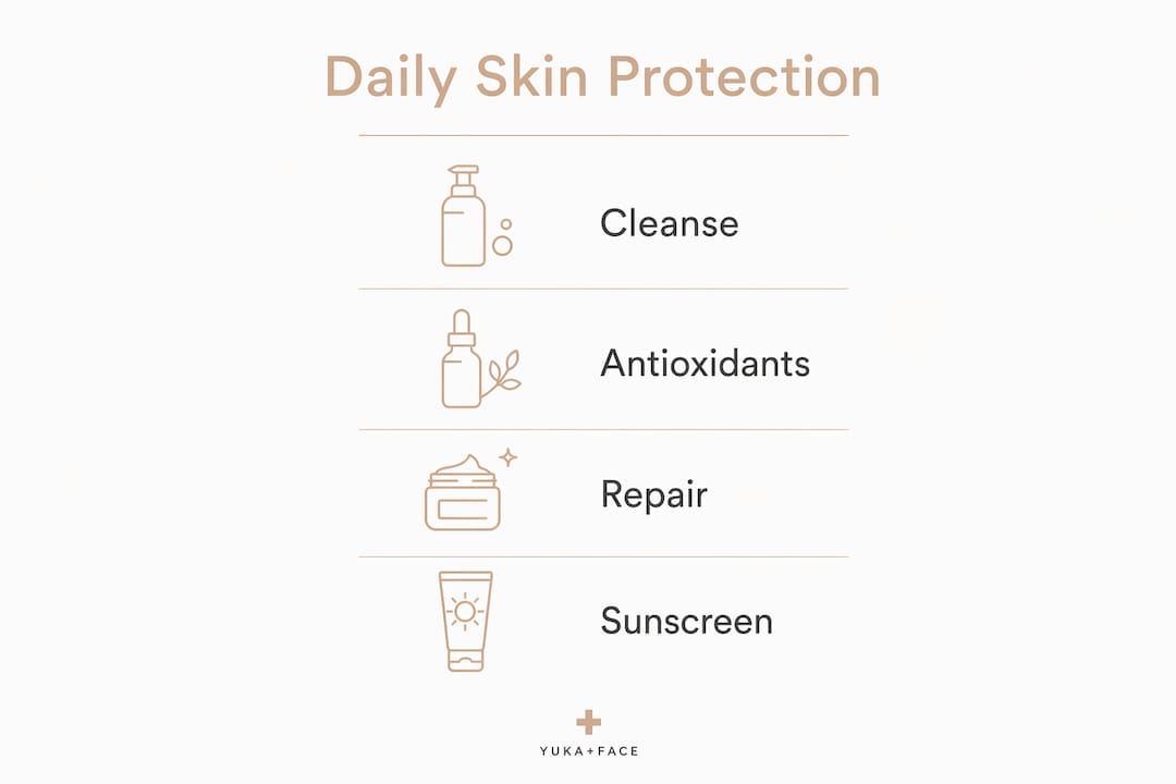 Infographic illustrating four-step skin pollution protection routine