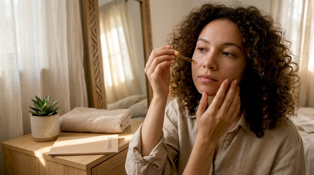 Woman applying tea tree oil to acne-prone skin