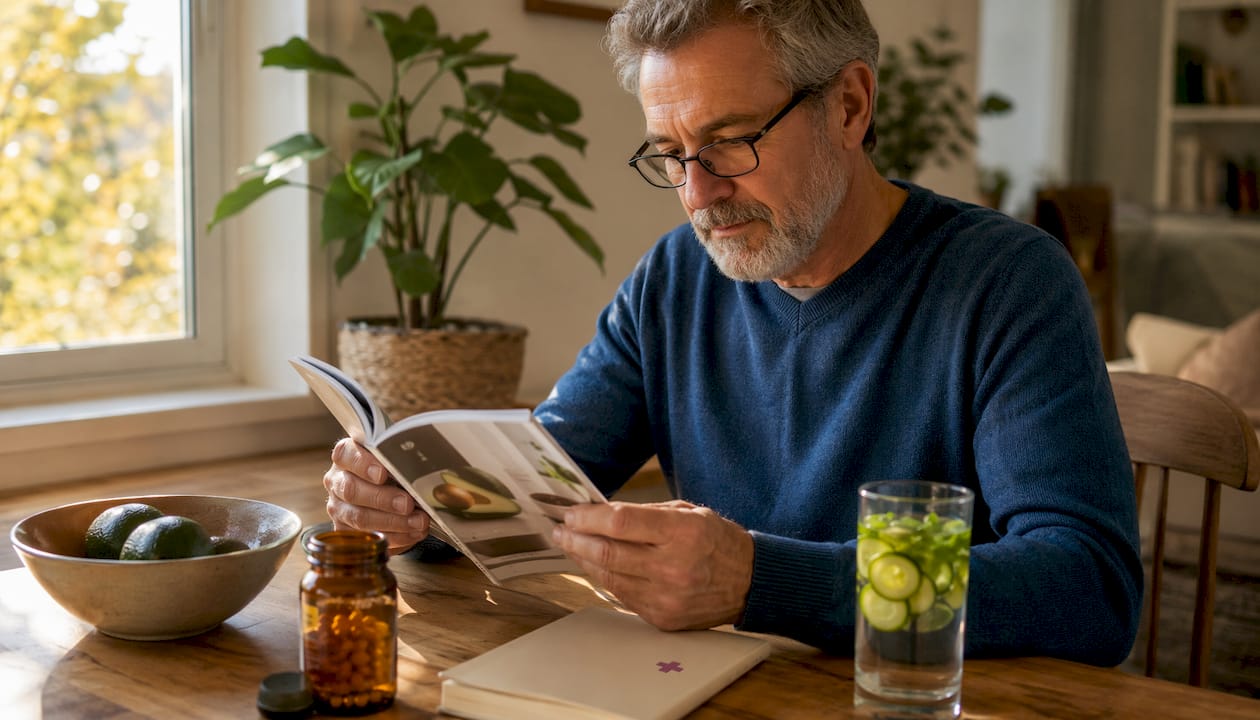 Man reading nutrition booklet with fish oil capsules