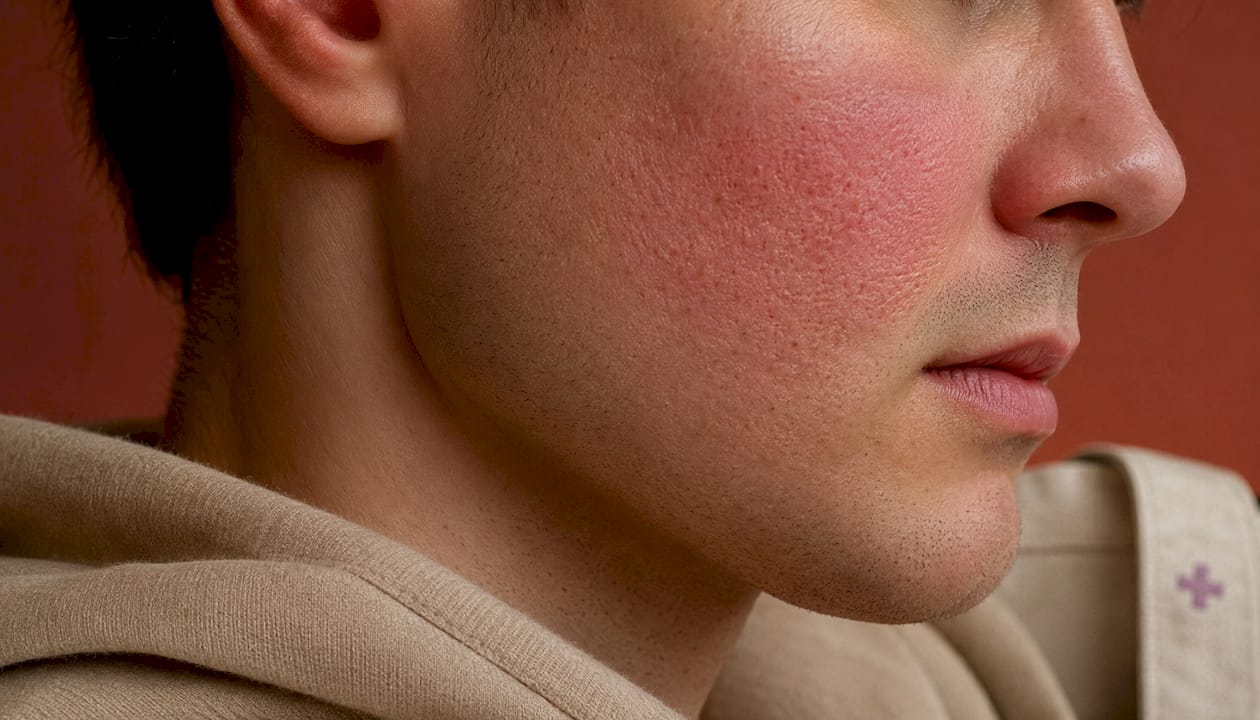 Close-up of irritated reactive skin on cheek