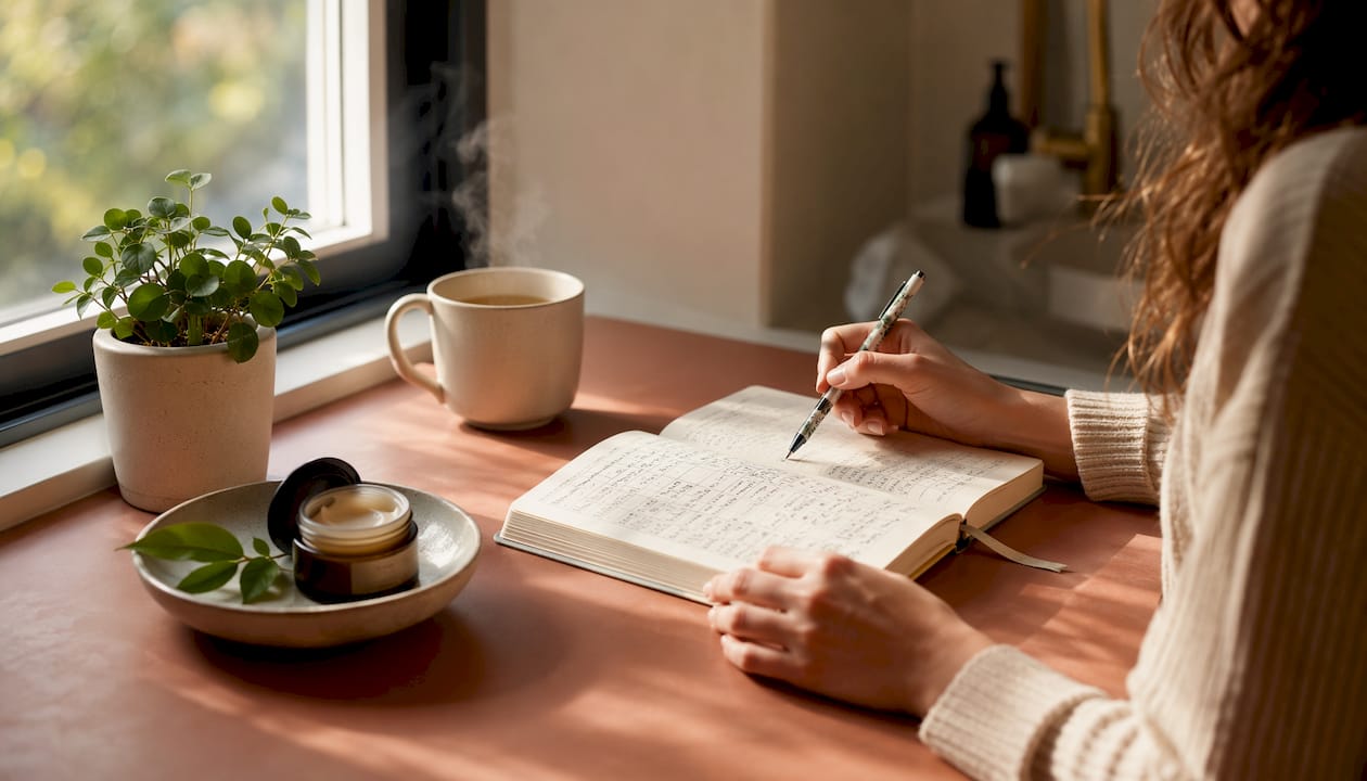 Desk with skin diary and skincare tools
