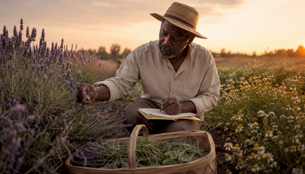 Organic herb farmer inspecting crops on skincare farm