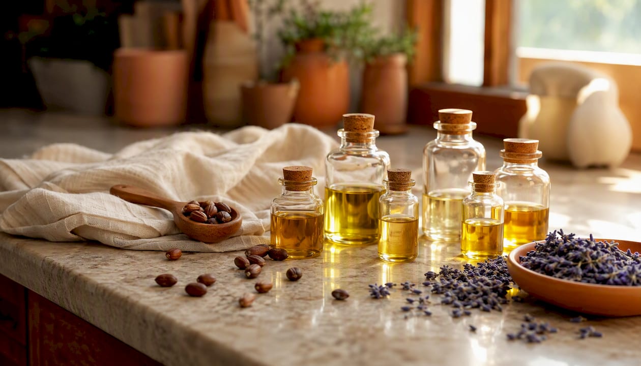 Bowls of jojoba oil and natural plant emollients