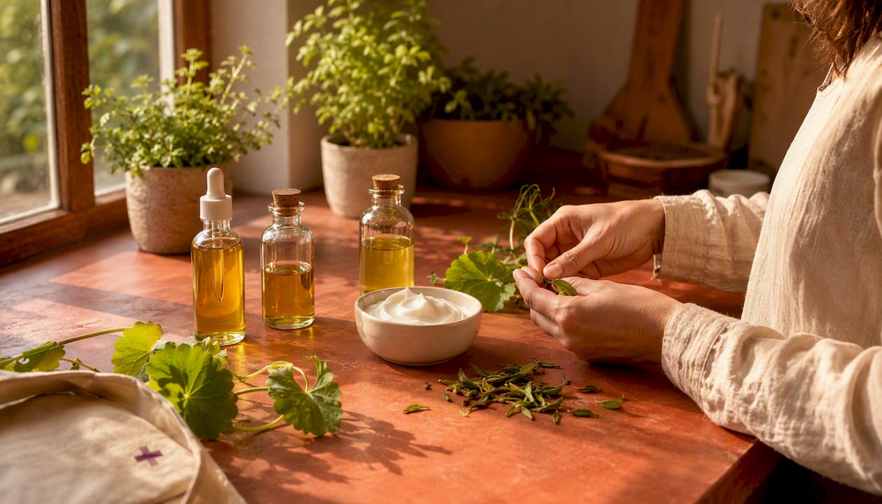 Natural vegan skin cream ingredients on wood