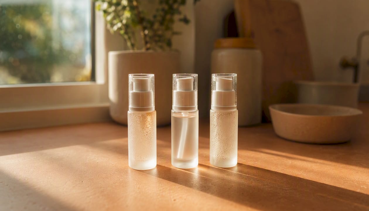 Vitamin C serum bottles with opaque packaging