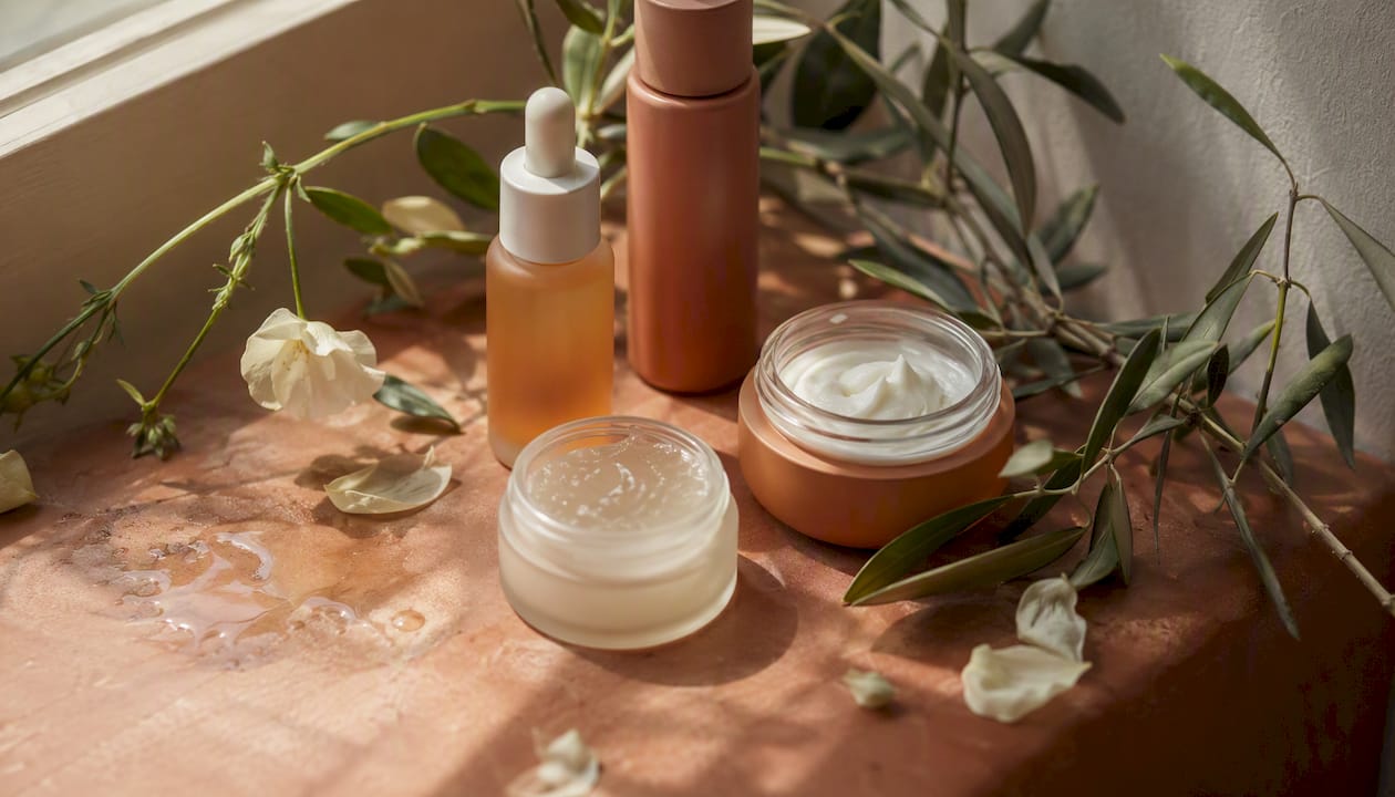 Tray with natural skincare product textures and botanicals