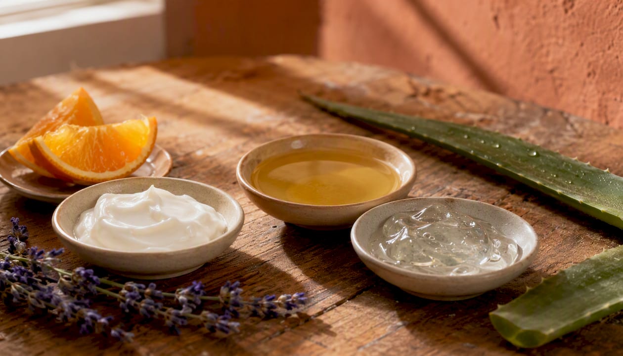 Cream, oil and gel textures in ceramic dishes