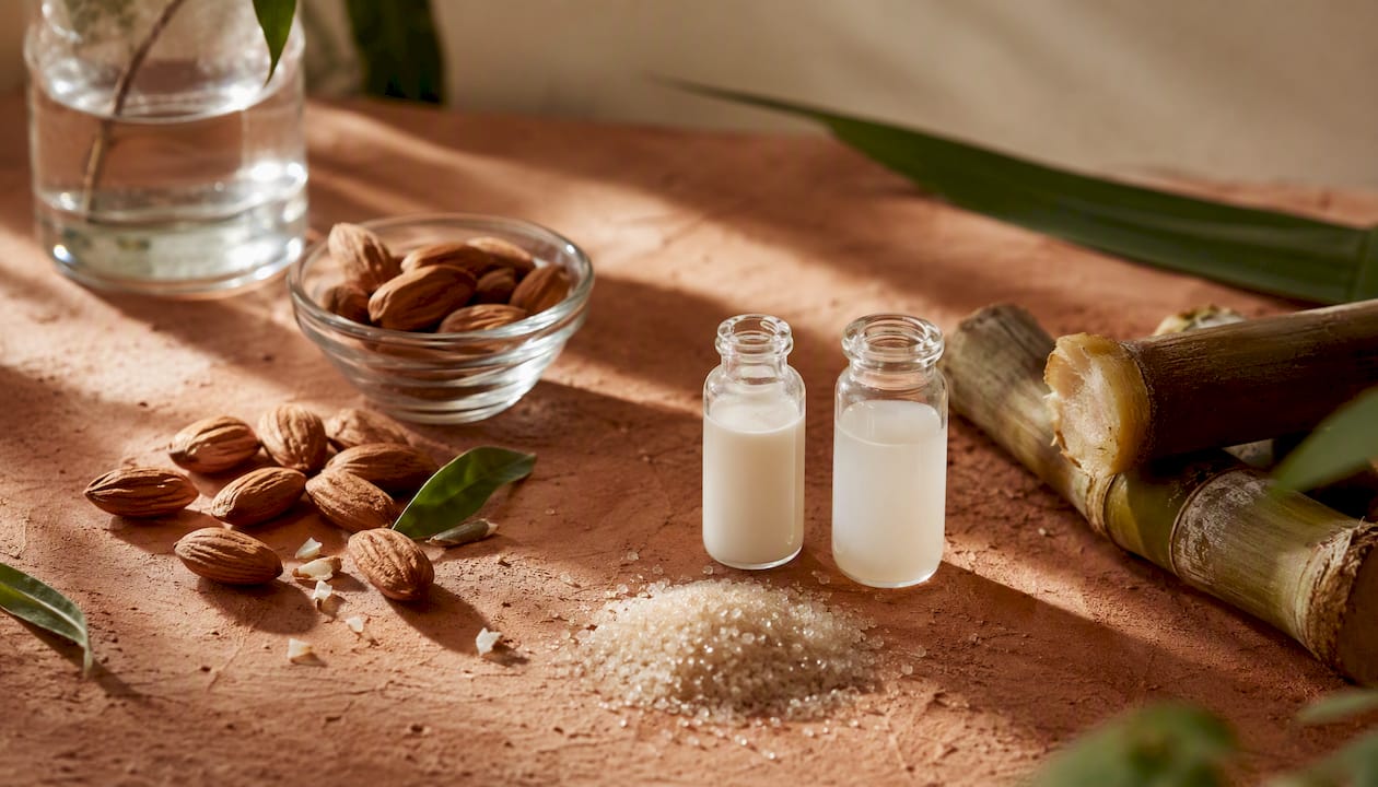 Natural ingredients representing gentle acids on terracotta