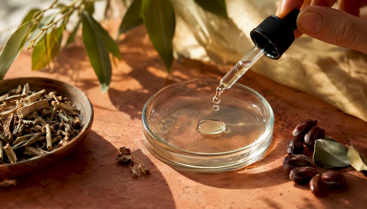 Dropper releasing oil-based acid on terracotta dish