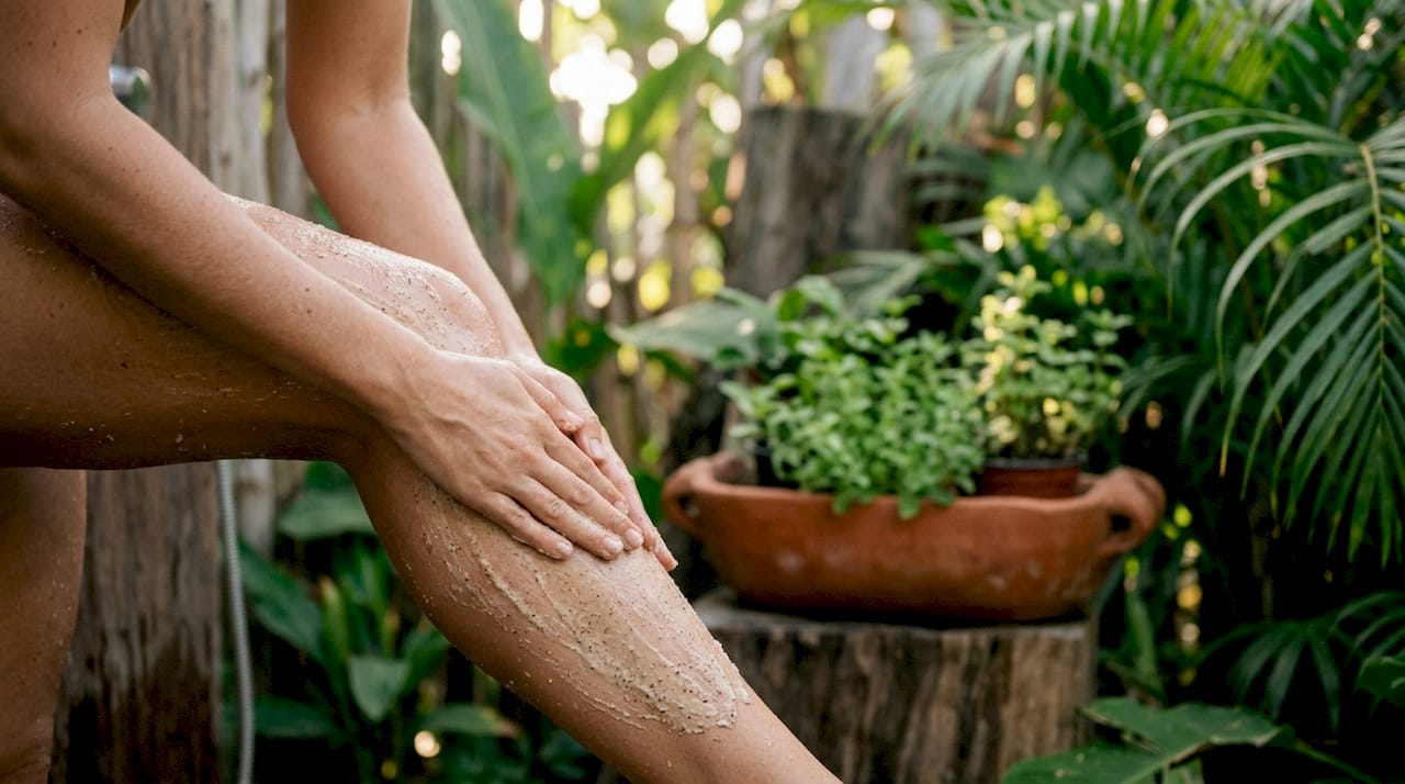 Hands exfoliating arm skin with natural scrub