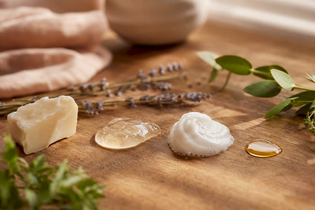 Different facial cleanser textures on terracotta surface