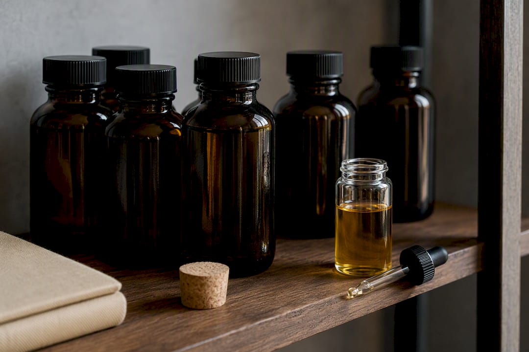 Dark-glass carrier oils showing color differences