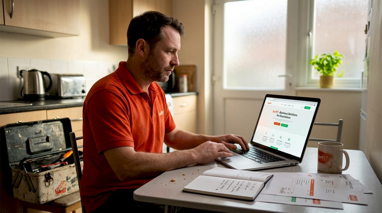 UK tradesman reviewing lead generation options on a laptop