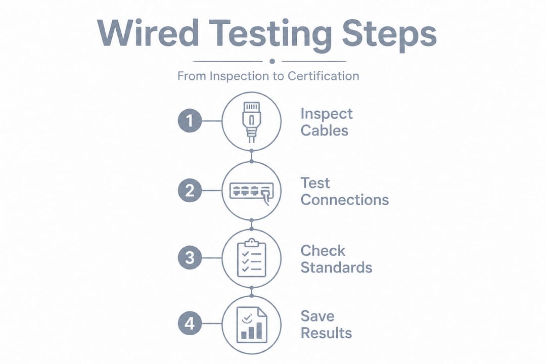 Infographic showing steps for wired connection testing