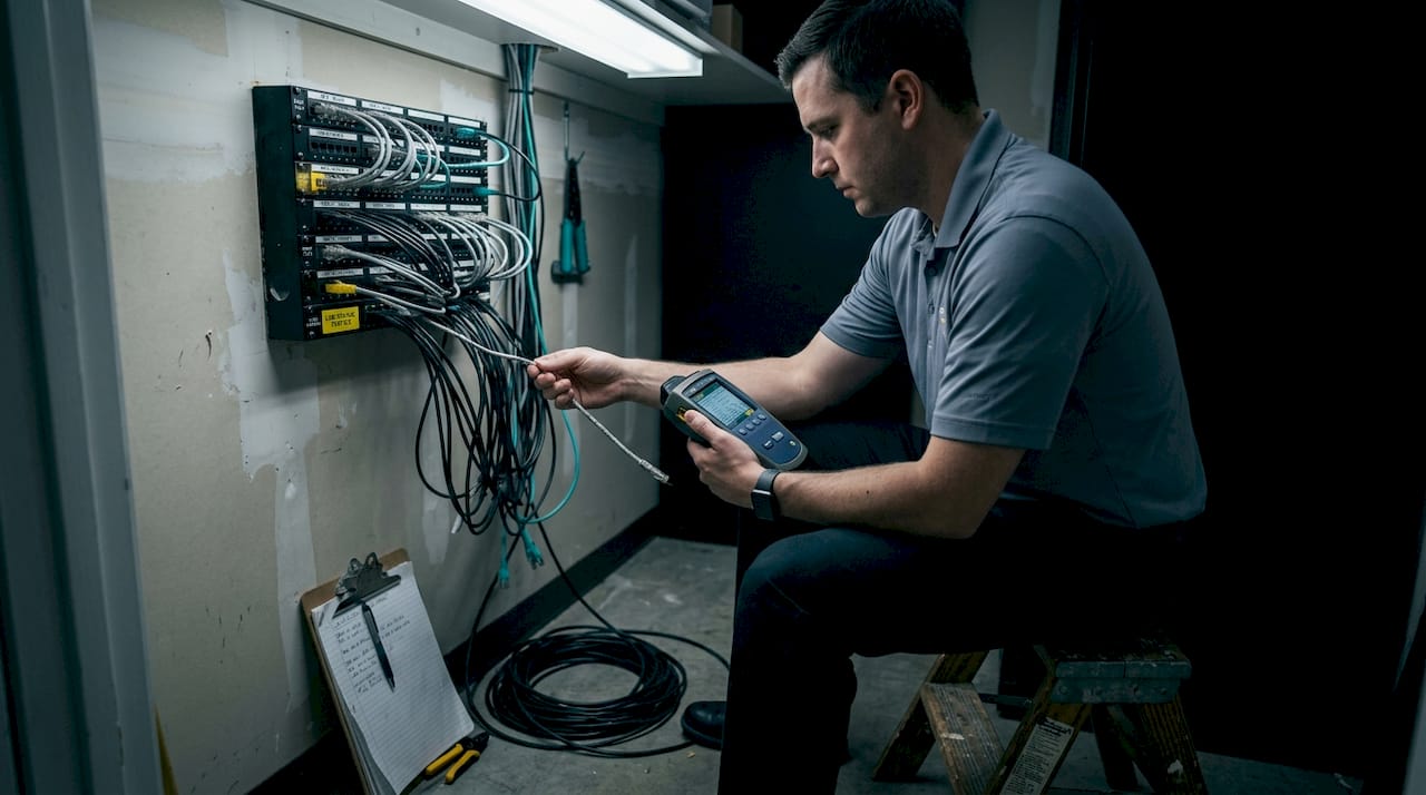 Technician tests ethernet cable with handheld device