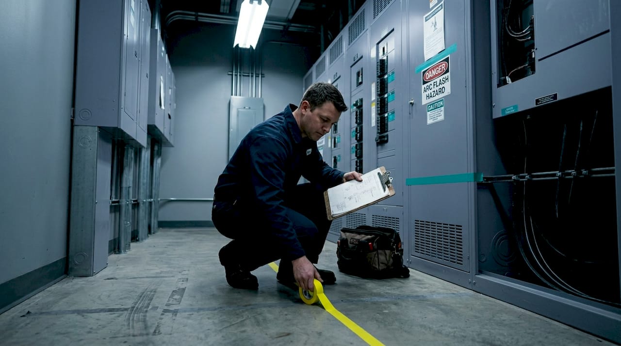 Electrician marks arc flash boundary in panel room