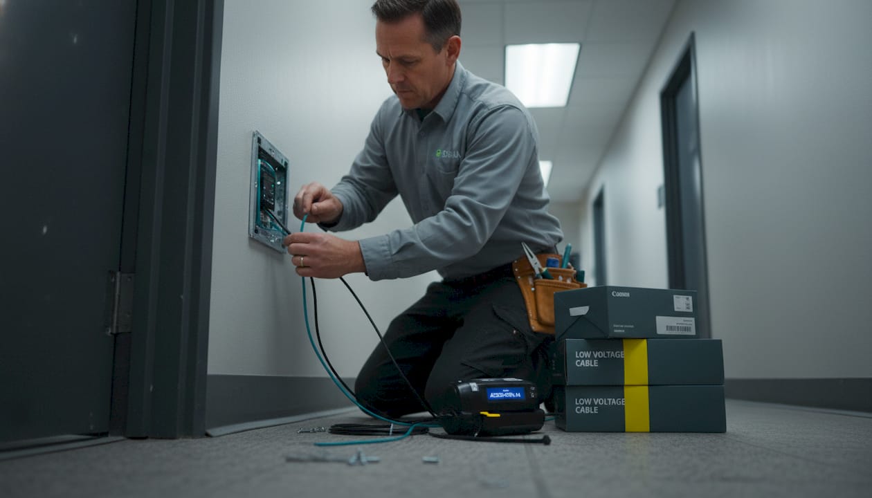 Technician installing low voltage access wiring