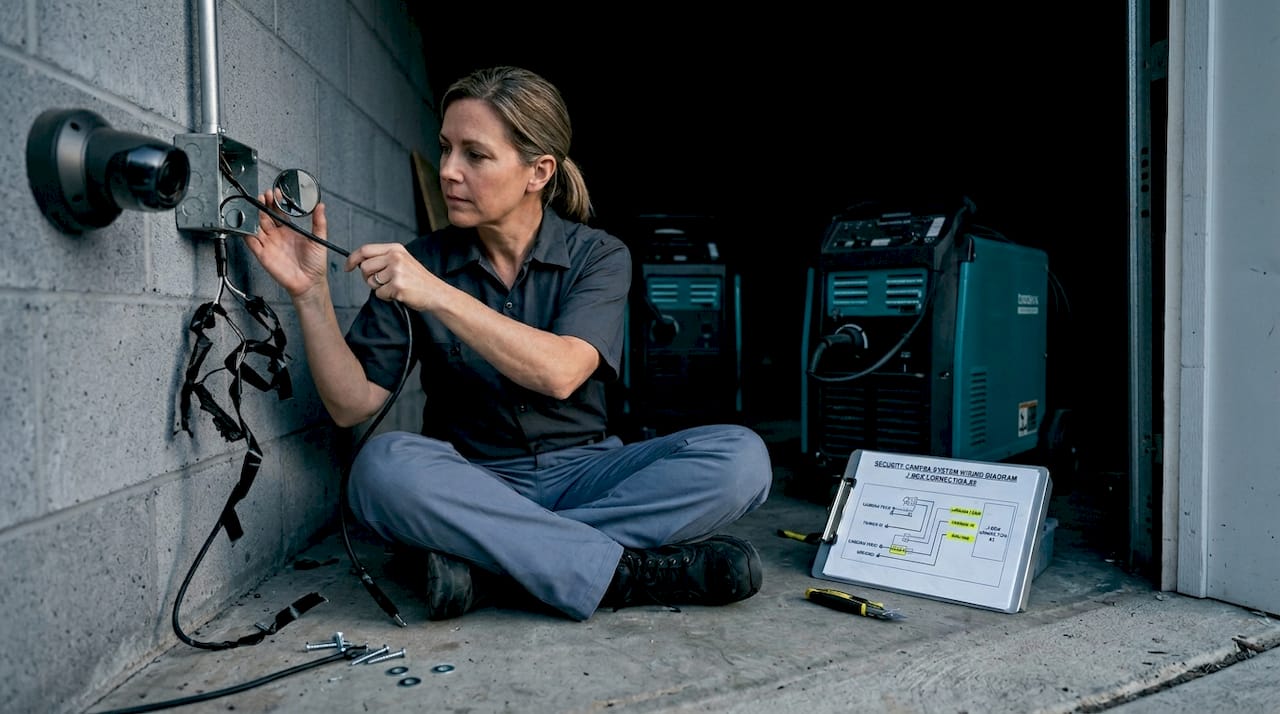 Technician checks security camera wiring connections