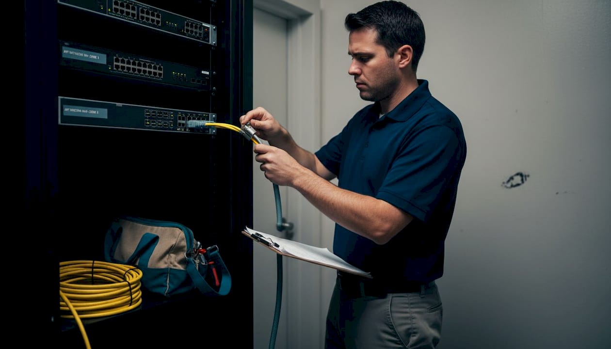 Security technician inspects network server rack
