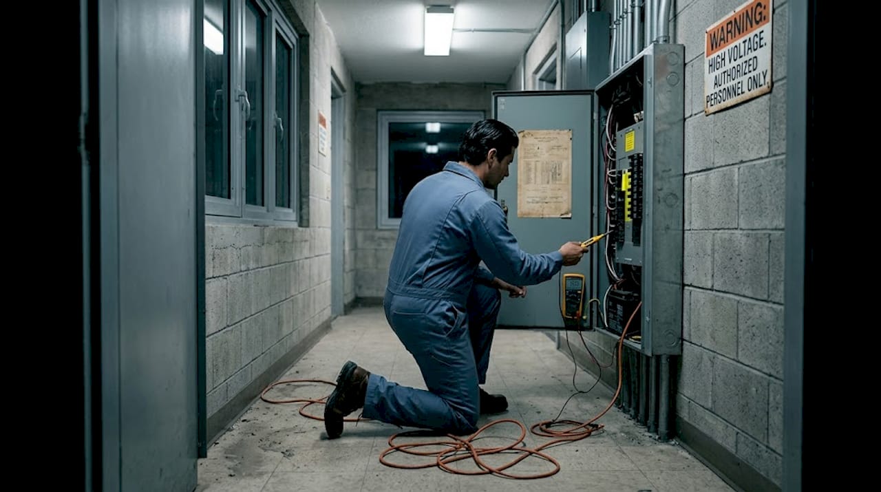 Technician checks signal booster panel backup