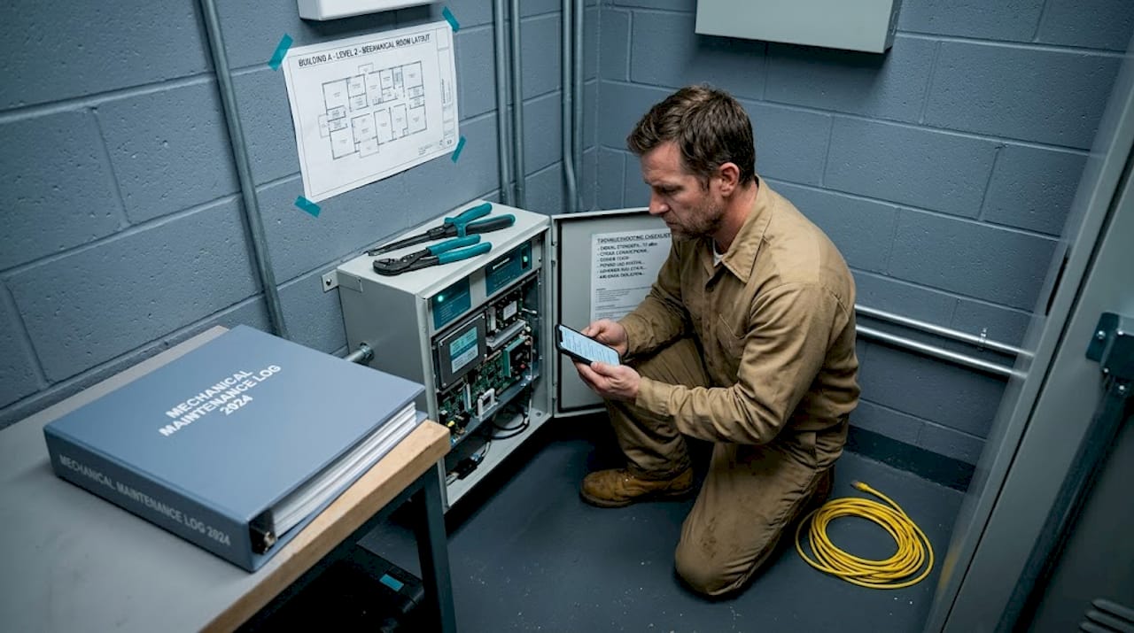 Technician checking cell booster with phone reference