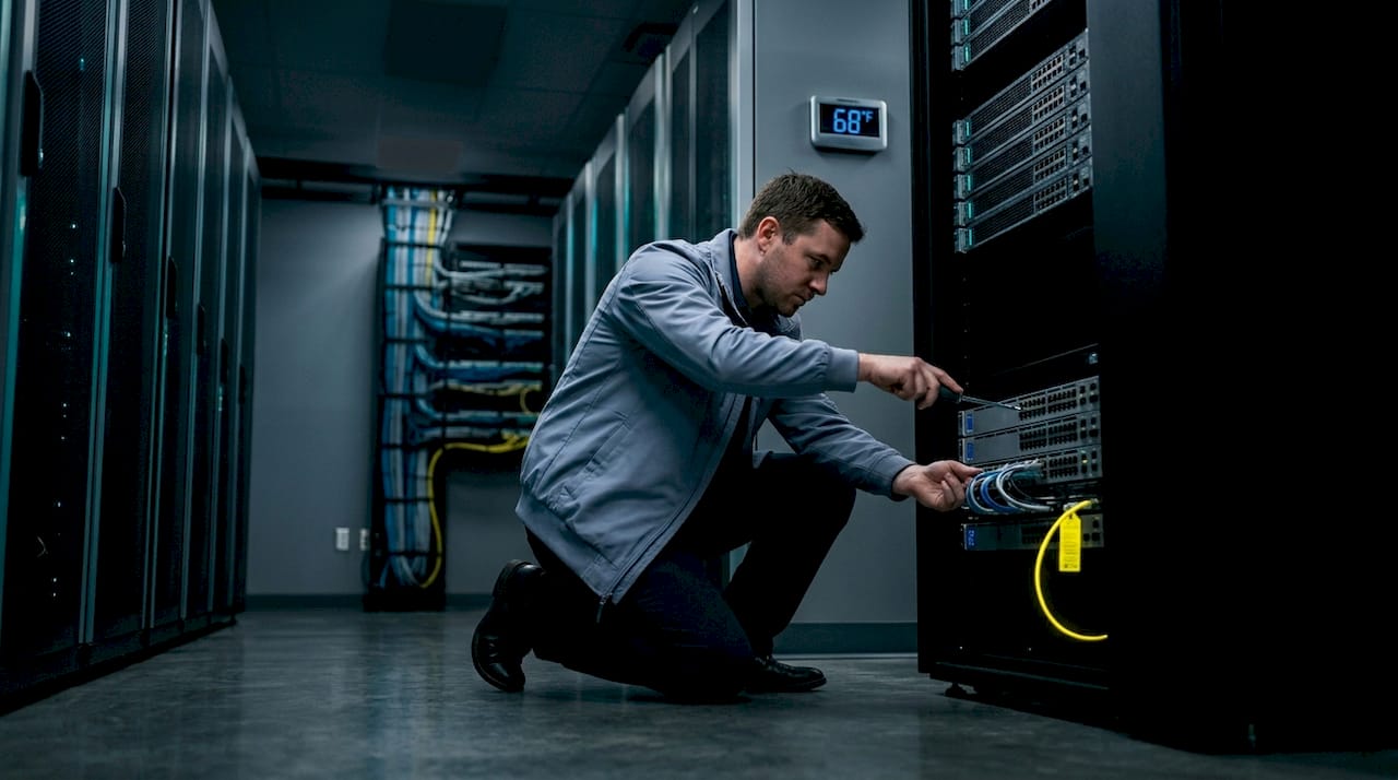 Technician performing network rack maintenance