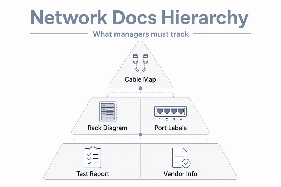Hierarchy infographic showing network documentation essentials