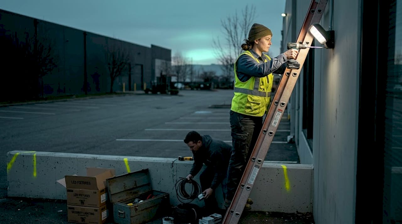 Electrician installing LED security lighting outdoors