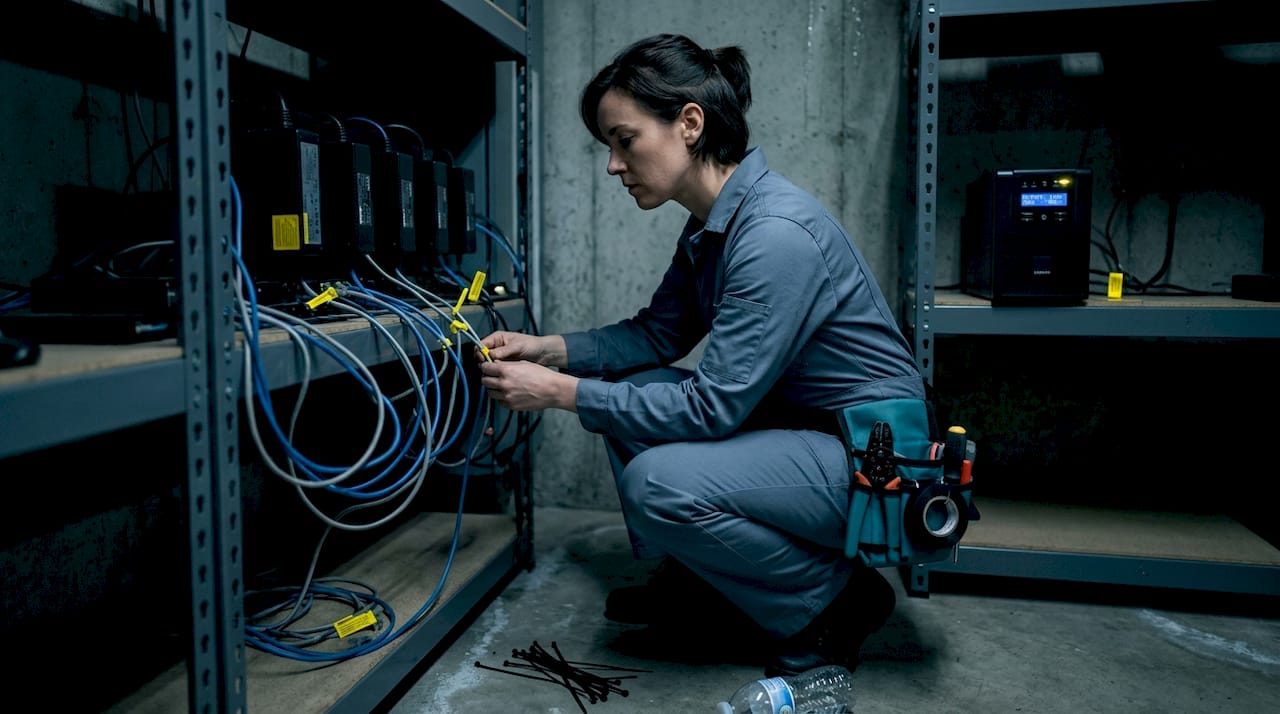 Technician checks UPS for security rack