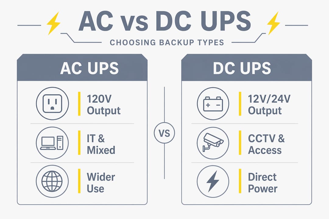 Infographic comparing AC and DC UPS features
