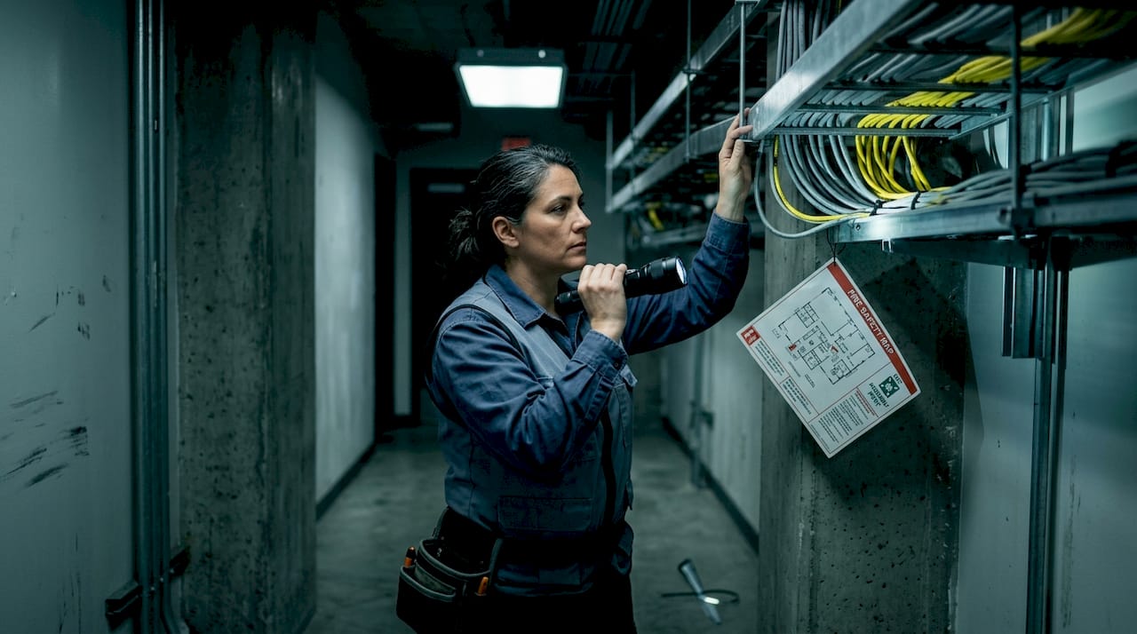 Technician checking plenum cable in ceiling tray