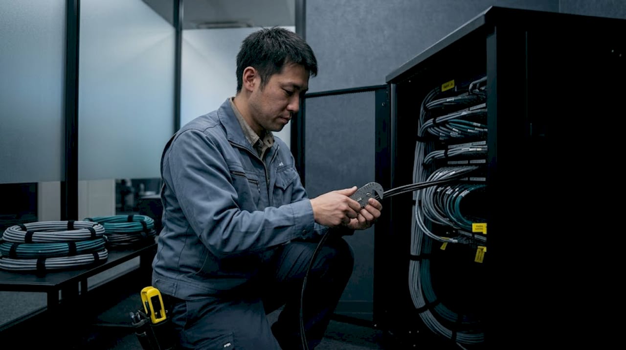 Technician measures cable diameter at server rack